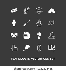 Modern, simple vector icon set on dark background with satellite, location, builder, flight, worker, person, travel, adventure, jar, bow, hot, minute, tie, food, engineer, profile, pointer, suit icons