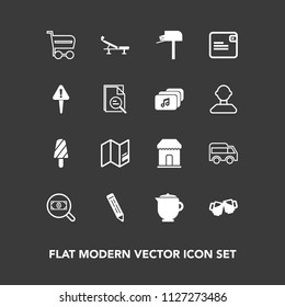 Modern, simple vector icon set on dark background with seat, dessert, map, move, direction, ice, breakfast, pencil, box, trolley, bus, world, drink, cart, message, buy, find, bar, tea, concept icons