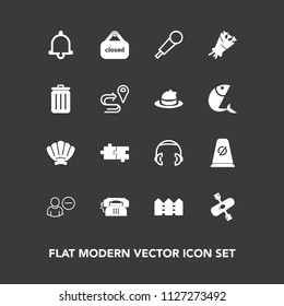 Modern, simple vector icon set on dark background with background, mic, marine, blossom, user, bell, account, recycling, water, flower, bin, road, alert, banner, communication, karaoke, phone icons