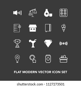 Modern, simple vector icon set on dark background with touch, can, alcohol, cup, oven, conference, public, balance, location, weight, metal, diamond, button, tin, pin, competition, meeting, hand icons