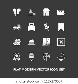 Modern, simple vector icon set on dark background with paint, sale, , style, first, boat, musical, award, hat, sound, atlas, travel, music, winner, white, faucet, sign, water, audio, vehicle icons