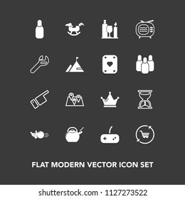 Modern, simple vector icon set on dark background with people, joystick, game, hour, glass, horse, travel, bowling, video, royal, television, finger, retail, cone, time, ball, clock, crown, duck icons