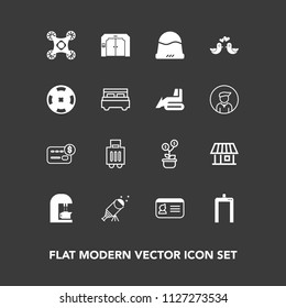 Modern, simple vector icon set on dark background with building, identification, investment, telescope, sign, name, espresso, house, star, clothing, elevator, card, night, control, camera, money icons