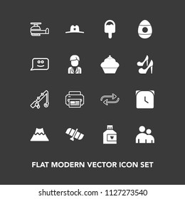 Modern, simple vector icon set on dark background with technology, sheriff, fishing, change, aviation, hat, concept, time, people, mouth, dental, hygiene, mouthwash, helicopter, person, care icons