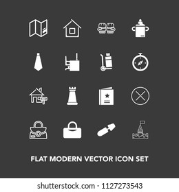 Modern, simple vector icon set on dark background with office, rent, leather, glove, fashion, brush, desk, medieval, bottle, sign, food, home, tie, king, fight, boxing, favour, building, game icons