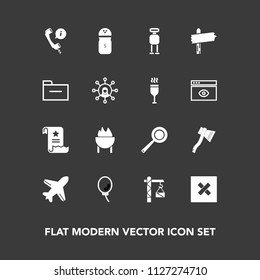Modern, simple vector icon set on dark background with folder, balloon, direction, air, spice, tool, robot, plane, aircraft, kitchen, cyborg, meat, futuristic, business, file, technology, pepper icons
