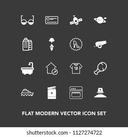 Modern, simple vector icon set on dark background with transport, orbit, toilet, finance, sea, ship, equipment, home, astronaut, medical, food, money, astronomy, real, boat, science, meal, water icons