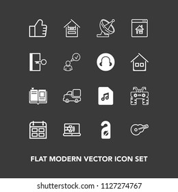 Modern, simple vector icon set on dark background with satellite, sound, music, day, truck, wheel, literature, dirt, lorry, vehicle, communication, internet, find, business, label, schedule, atv icons