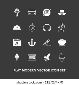 Modern, simple vector icon set on dark background with launch, exclamation, bathroom, food, dish, clinic, wc, marine, medical, bowl, rocket, drink, no, glass, hat, banking, photo, web, helmet icons