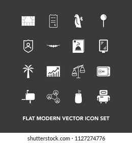 Modern, simple vector icon set on dark background with trend, technology, music, weight, message, bill, balance, musical, white, bank, concept, , mailbox, graph, pin, percussion, theater, baby icons