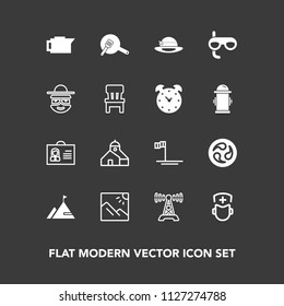 Modern, simple vector icon set on dark background with hospital, building, technology, scenery, ocean, espresso, cafe, japan, drink, element, profile, person, internet, mask, japanese, medicine icons