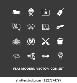 Modern, simple vector icon set on dark background with lock, sofa, foreman, distribution, dental, travel, airplane, storehouse, replacement, food, equipment, meal, oar, fitness, concept, builder icons