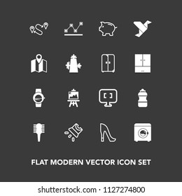 Modern, simple vector icon set on dark background with gadget, movie, machine, comb, point, computer, drawing, travel, hair, laptop, bank, housework, projection, chart, high, female, bottle, pc icons