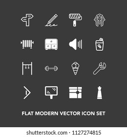 Modern, simple vector icon set on dark background with egypt, king, button, gift, strategy, roll, tool, roller, road, way, exercise, arrow, egyptian, gym, pencil, piece, present, banner, dessert icons