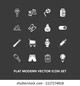 Modern, simple vector icon set on dark background with bin, shorts, dinner, craft, find, trash, template, extreme, leisure, spaceship, can, trolley, technology, business, white, sky, spoon, fork icons