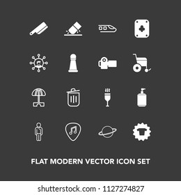 Modern, simple vector icon set on dark background with railway, shirt, trash, cutlery, transport, can, eraser, bin, musical, table, drink, astronomy, clothing, planet, fashion, fork, erase, man icons