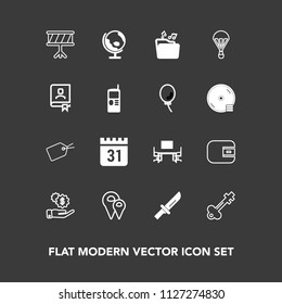 Modern, simple vector icon set on dark background with cutlery, day, schedule, vintage, work, drum, restaurant, calendar, instrument, travel, map, tag, table, globe, business, web, sign, planet icons