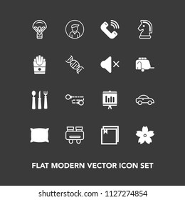 Modern, simple vector icon set on dark background with business, sign, knife, call, white, blossom, transport, pillow, boy, man, search, soft, chain, document, strategy, button, male, vision icons
