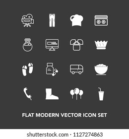 Modern, simple vector icon set on dark background with movie, laboratory, transport, tool, vitamin, retro, decoration, transportation, health, celebration, camera, dish, slipper, phone, white icons