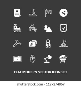 Modern, simple vector icon set on dark background with life, meat, cooking, technology, nation, shovel, business, table, media, arrow, safety, identity, rent, music, social, toy, buoy, barbecue icons