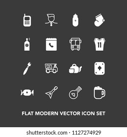 Modern, simple vector icon set on dark background with drink, white, instrument, tipper, winner, teapot, guitar, communication, dump, phone, candy, telephone, sweet, music, mobile, medal, cup icons