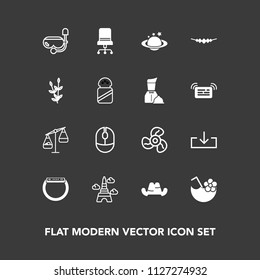 Modern, simple vector icon set on dark background with cocktail, watch, time, hat, drink, click, gadget, tower, juice, fashion, sign, headwear, summer, furniture, computer, electric, balance icons