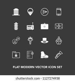 Modern, simple vector icon set on dark background with folder, transport, technology, house, traffic, hat, job, drink, freelance, phone, sea, checklist, glass, vessel, computer, jazz, lock, web icons