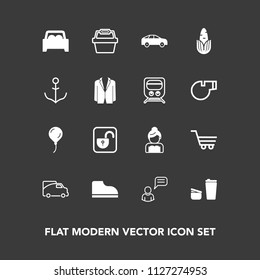 Modern, simple vector icon set on dark background with birthday, chat, bride, decoration, love, protection, sugar, drink, communication, cup, cart, store, trolley, person, open, fashion, basket icons