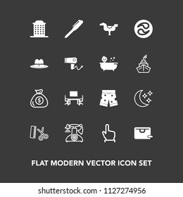 Modern, simple vector icon set on dark background with work, night, bag, sale, horse, professional, happy, button, hair, moon, hairdresser, sky, city, kamon, template, salon, financial, money,  icons