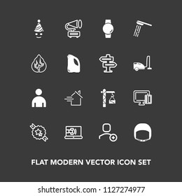 Modern, simple vector icon set on dark background with shower, clown, watch, gramophone, equipment, fun, work, party, saw, retro, music, business, belt, credit, rent, web, account, hammer, time icons
