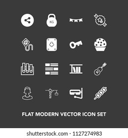 Modern, Simple Vector Icon Set On Dark Background With Meat, Happy, Grilled, Guitar, Concert, Medical, Mask, Food, Barbecue, Newspaper, Decorative, Book, Celebration, Research, Sea, Summer, Saw Icons