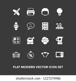 Modern, simple vector icon set on dark background with oven, north, printer, mixer, print, transportation, space, helmet, vehicle, rice, extreme, cooking, work, south, taxi, east, agriculture icons