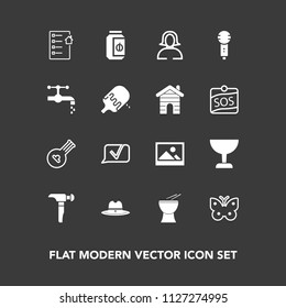 Modern, simple vector icon set on dark background with hat, musical, girl, young, string, song, face, voice, west, sink, construction, house, glass, search, contract, wing, jar, cowboy, jam, fly icons