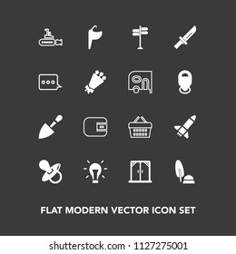 Modern, simple vector icon set on dark background with rocket, faucet, pen, pacifier, marine, tool, ink, bulb, undersea, water, white, calligraphy, sink, modern, purse, bathroom, infant, baby icons