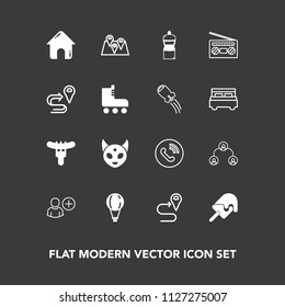 Modern, simple vector icon set on dark background with cleaner, dessert, house, jump, space, radio, travel, fiction, call, structure, extreme, hierarchy, business, company, real, parachuting icons