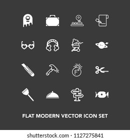 Modern, simple vector icon set on dark background with sign, fiction, kitchen, cooking, document, doorknob, ufo, hanger, cut, cutter, bag, button, fahrenheit, door, sweet, leather, sunglasses icons