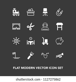 Modern, simple vector icon set on dark background with package, knife, cash, helm, bank, train, money, restaurant, bugle, travel, warehouse, delivery, transport, armchair, beach, presentation icons