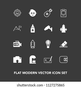 Modern, simple vector icon set on dark background with nature, wallet, photo, tree, hot, equipment, finance, sign, parachute, business, erase, landscape, white, drink, environment, baby, kid icons