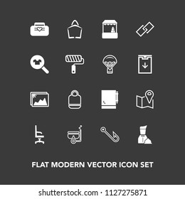 Modern, simple vector icon set on dark background with waiter, shop, fish, supermarket, link, picture, armchair, frame, woman, pin, hook, fashion, photo, web, store, summer, notepad, leather,  icons