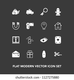 Modern, simple vector icon set on dark background with security, communication, lifestyle, gift, present, game, door, fashion, sign, beauty, mail, package, play, poker, japanese, lipstick, tea icons