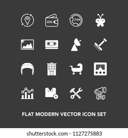 Modern, simple vector icon set on dark background with helmet, communication, wireless, estate, carriage, belt, worker, antenna, service, finance, equipment, tool, record, building, trend, graph icons