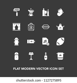 Modern, simple vector icon set on dark background with cloth, paint, glass, drink, water, american, makeup, black, brush, energy, full, music, towel, file, red, salt, seasoning, game, department icons