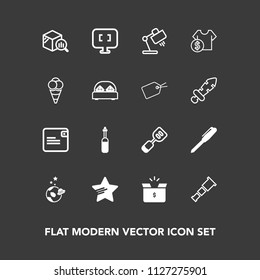 Modern, simple vector icon set on dark background with interior, star, office, home, report, pc, sky, internet, money, spatula, dollar, purse, utensil, medicine, spaceship, computer, pack, tool icons