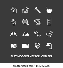 Modern, simple vector icon set on dark background with domestic, route, road, cleaner, up, lamp, globe, letter, finance, modern, vacuum, downstairs, mail, wrench, internet, drink, nature, planet icons