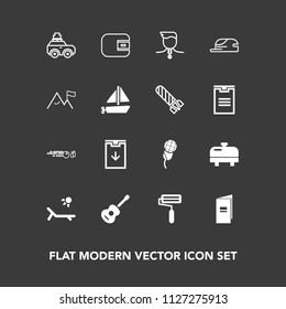 Modern, simple vector icon set on dark background with sign, success, paint, money, water, strike, guitar, roll, wallet, download, music, book, white, audio, mic, gold, musical, equipment, hit icons