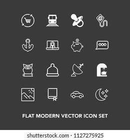 Modern, simple vector icon set on dark background with communication, child, encyclopedia, shop, train, drink, cafe, landscape, head, photo, fashion, car, education, night, dish, bird, retail icons