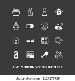 Modern, simple vector icon set on dark background with motel, chess, newspaper, cook, plane, strategy, blank, horse, flight, uniform, paper, kitchen, night, tool, smart, building, aircraft, file icons