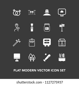 Modern, simple vector icon set on dark background with pretty, environment, tree, equipment, spoon, science, professional, home, engagement, romance, building, phone, wand, sign, baseball, ring icons