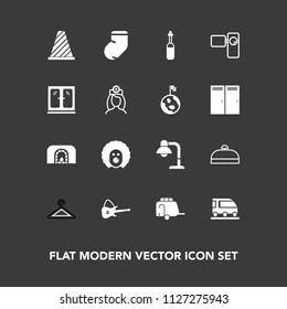 Modern, simple vector icon set on dark background with character, warm, suitcase, circus, white, background, fire, laboratory, sign, medicine, music, bag, clothes, travel, tool, luggage, camera icons