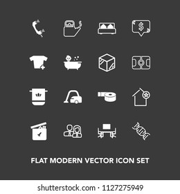 Modern, simple vector icon set on dark background with apartment, housework, people, bathroom, bed, table, steam, ball, dna, office, frame, double, desk, furniture, sticky, tape, towel, home icons